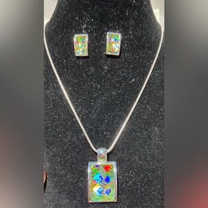 Rectangular Acrylic Faceted Pendant Necklace with Earrings Set.